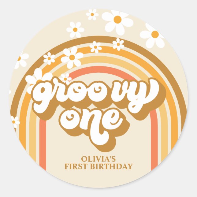 Adesivo Redondo Retro Groovy One Rainbow Brown Orange Birthday (Frente)