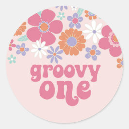 Adesivo Redondo Retro Groovy Um Floral Rosa