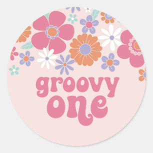 Adesivo Redondo Retro Groovy Um Floral Rosa