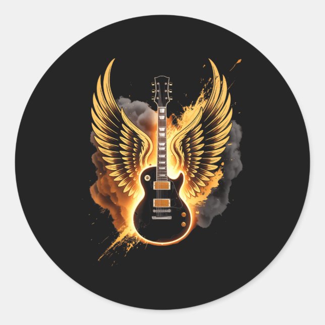 Adesivo Redondo Retro Guitar Wings Abstract Art Rock And Roll Musi (Frente)