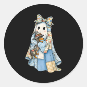 Adesivo Redondo Retro Halloween Azul Denim Fantasma Dachshund Engr