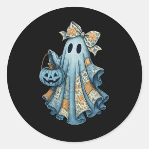 Adesivo Redondo Retro Halloween Blue Denim Ghost Fall Pumpkin Spot