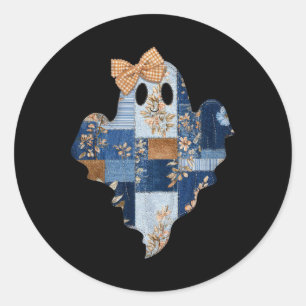 Adesivo Redondo Retro Halloween Blue Denim Patchwork Ghost Boo Coq