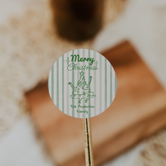 Adesivo Redondo Retro Hand Drawn Green Funny Christmas Tree  (Criador carregado)