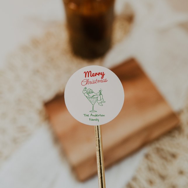 Adesivo Redondo Retro Hand Drawn Green Red Santa Claus Christmas (Criador carregado)