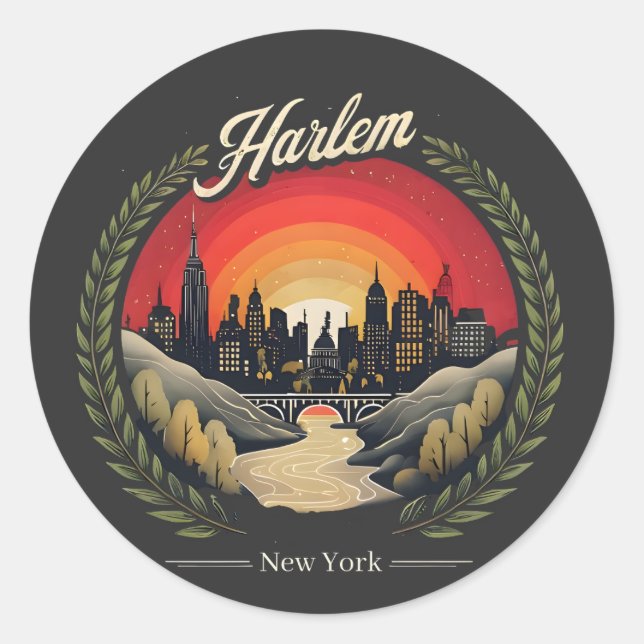 Adesivo Redondo Retro Harlem Sunset: Nova Iorque Skyline (Frente)