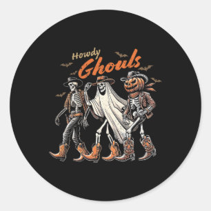 Adesivo Redondo Retro Howdy Ghouls Skeleton Cowboy Western Rodeo H