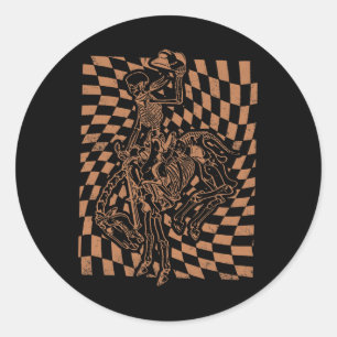 Adesivo Redondo Retro Howdy Skeleton De Cowboy Com Chapéu De Cowbo