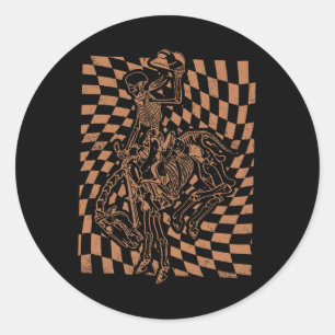 Adesivo Redondo Retro Howdy Skeleton De Cowboy Com Chapéu De Cowbo