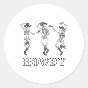 Adesivo Redondo Retro Howitt Skeleton Cowgirl Dançando Boots Cowbo