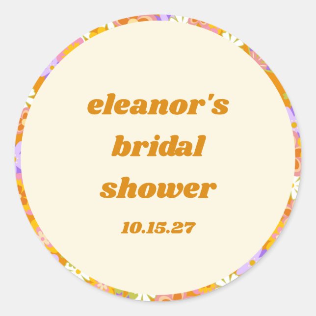 Adesivo Redondo Retro Laranja Roxo Floral Chá de Noiva Personaliza (Frente)