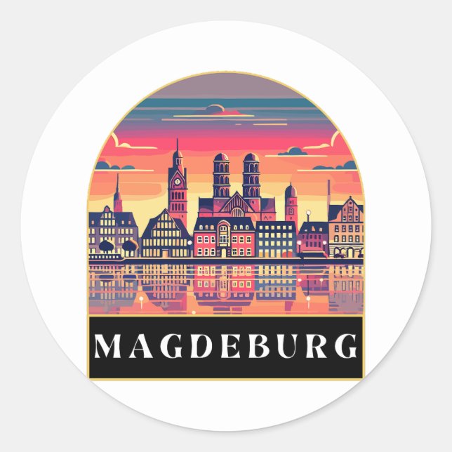 Adesivo Redondo Retro Magdeburg Skyline (Frente)