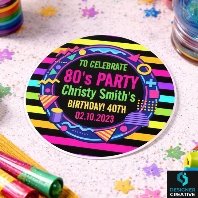 Adesivo Redondo Retro Neon 80s Birthday adult Party (Retro Neon 80s Birthday adult Party Classic Round Sticker
)
