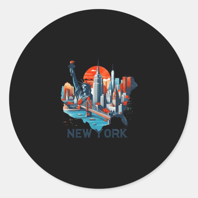 Adesivo Redondo Retro New York Skyline Silhouette _1  (Frente)