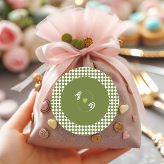 Adesivo Redondo Retro Olive Green Monogram Initial Heart Wedding 