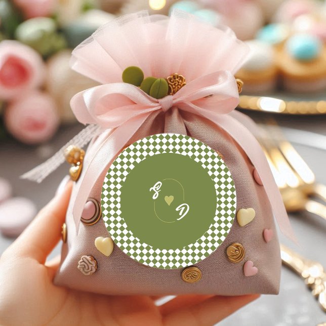 Adesivo Redondo Retro Olive Green Monogram Initial Heart Wedding  (Criador carregado)