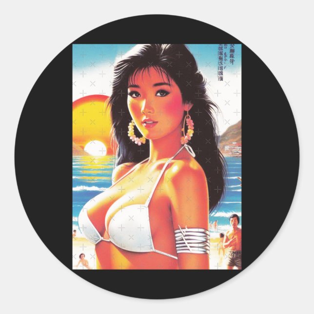 Adesivo Redondo Retro Oriental Girl Sticker  (Frente)