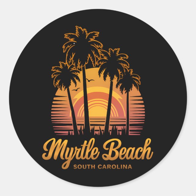 Adesivo Redondo Retro Palm Tree Sunset South Carolina Myrtle Beach (Frente)