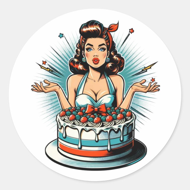 Adesivo Redondo Retro Pinup Birthday Woman and Cake (Frente)