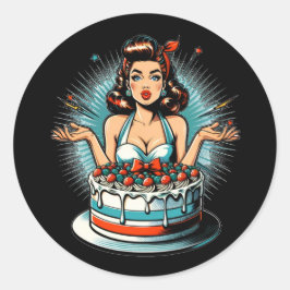 Adesivo Redondo Retro Pinup Birthday Woman and Cake