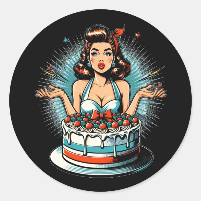 Adesivo Redondo Retro Pinup Birthday Woman and Cake (Frente)