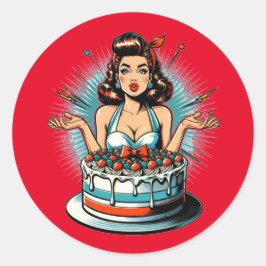 Adesivo Redondo Retro Pinup Birthday Woman and Cake