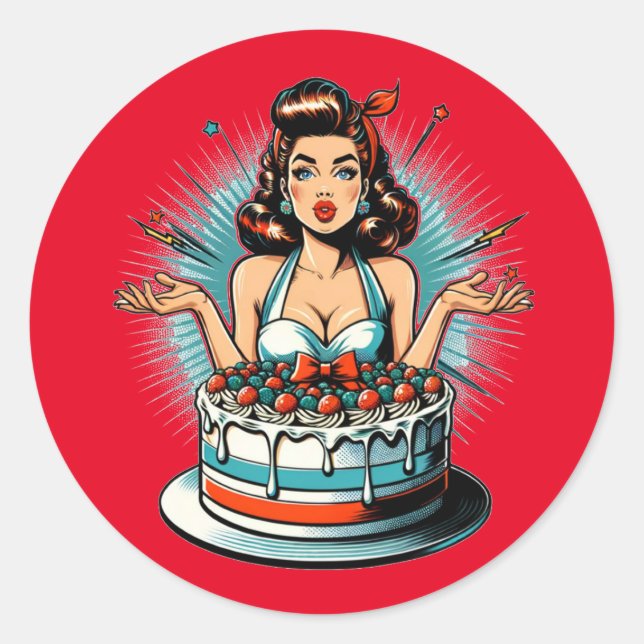 Adesivo Redondo Retro Pinup Birthday Woman and Cake (Frente)