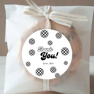 Adesivo Redondo Retro Preto e Branco Checado Graças a Aniversário