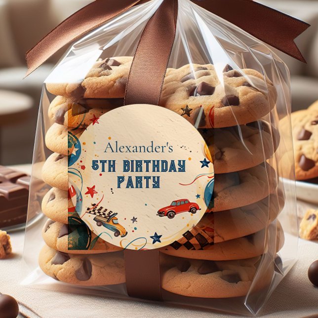 Adesivo Redondo Retro Race Car Birthday Party (Criador carregado)