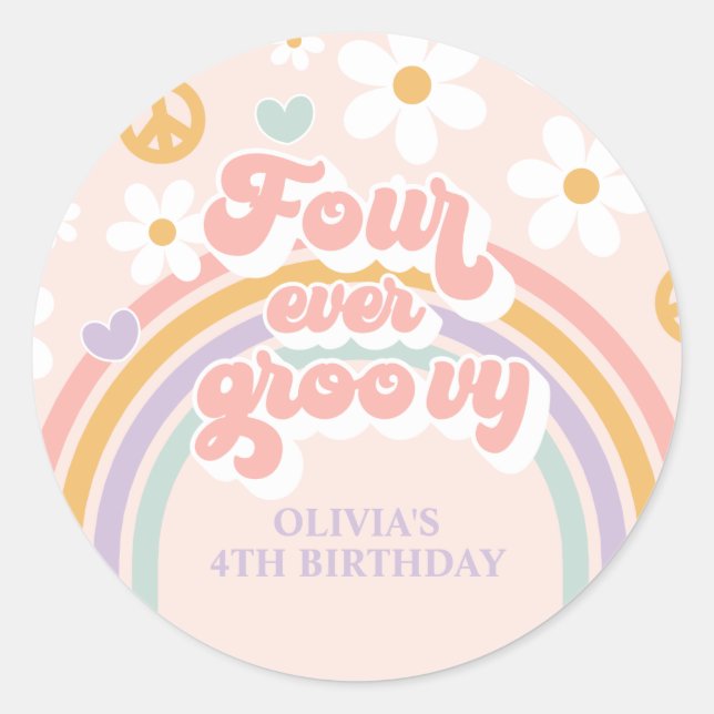 Adesivo Redondo Retro Rainbow Four Ever Groovy 4th Birthday (Frente)