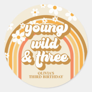 Adesivo Redondo Retro Rainbow Young Wild e Três Aniversário
