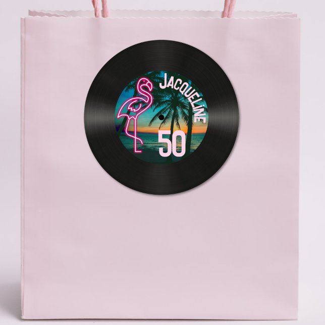 Adesivo Redondo Retro Record Tropical Neon Flamingo 50th Birthday (Criador carregado)