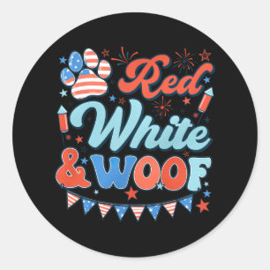 Adesivo Redondo Retro Red White E Woof USA Flag Dog Paw Happy 4th