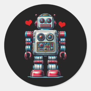 Adesivo Redondo Retro Robot Heart Valentine Day Kids Toddler Vinta