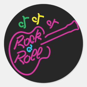 Adesivo Redondo Retro Rock and Roll Neon - Sinal de Guitarra e Not
