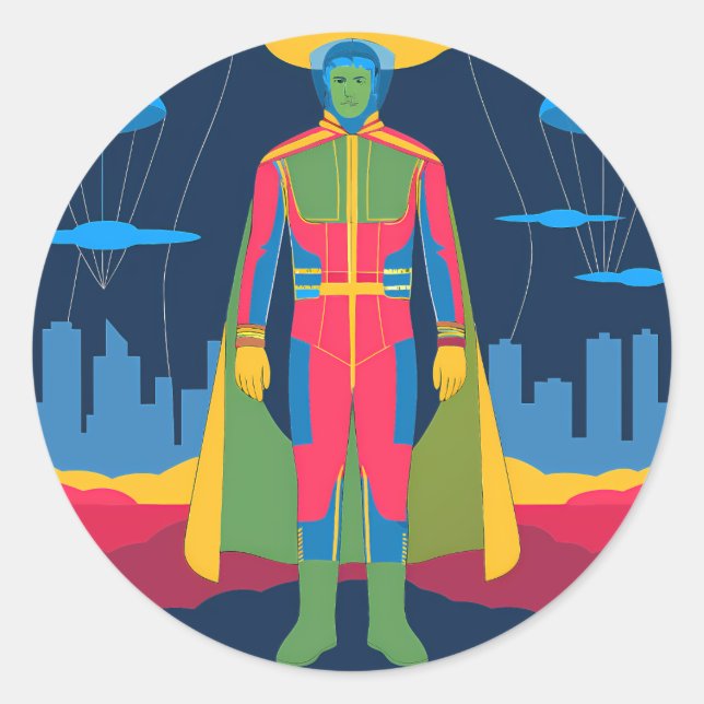 Adesivo Redondo Retro Sci-Fi Hero Over Cityscape (Frente)