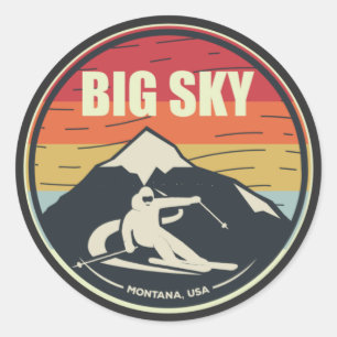 Adesivo Redondo Retro Skiing Big Sky Montana EUA