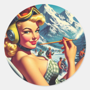Adesivo Redondo Retro Snowboard Girl