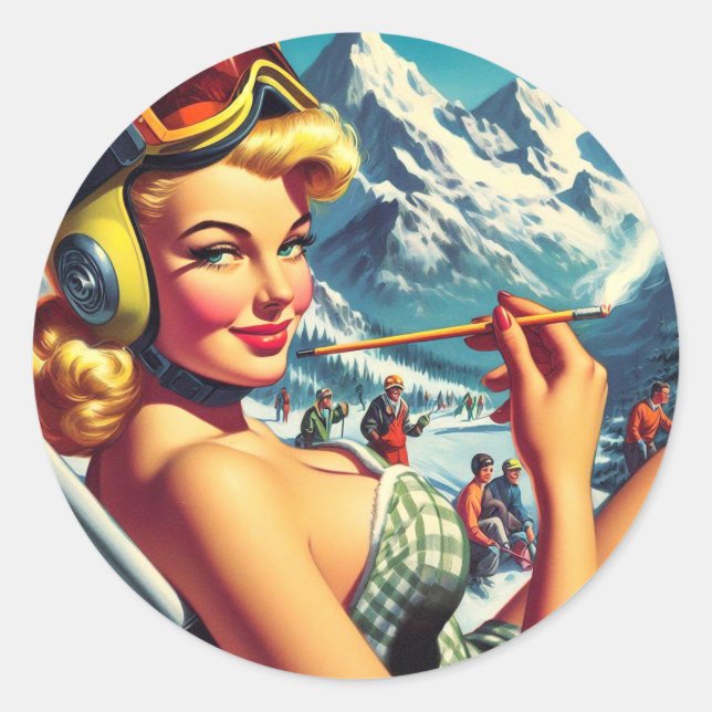Adesivo Redondo Retro Snowboard Girl (Frente)