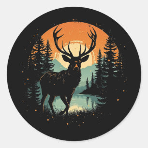 Adesivo Redondo Retro Stag Sunset Vintage Forest Silhout