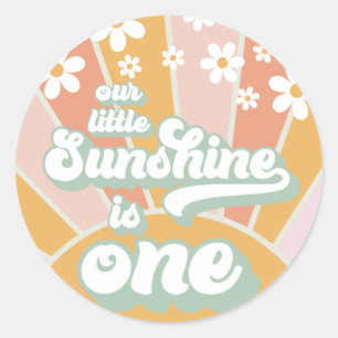 Adesivo Redondo Retro Sunshine Daisy boho floral primeiro anivers
