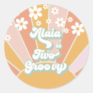 Adesivo Redondo Retro Sunshine Dois Aniversário Groovy Daisy