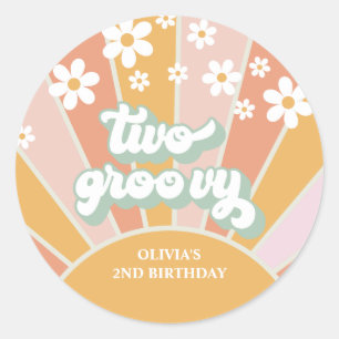 Adesivo Redondo Retro Sunshine Dois Aniversário Groovy Daisy