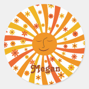 Adesivo Redondo Retro Sunshine Sunburst com Flores nome personaliz
