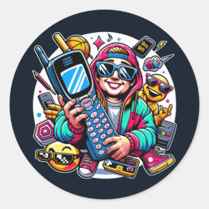 Adesivo Redondo Retro Tech Playground: Uma Odisseia Nostálgica Dos