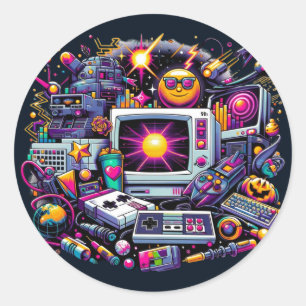 Adesivo Redondo Retro Tech Playground: Uma Odisseia Nostálgica Dos
