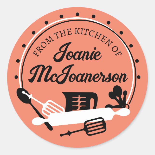 Adesivo Redondo Retro-utensílios de assar da cozinha da padaria (Frente)