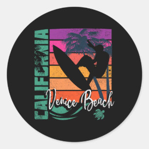 Adesivo Redondo Retro Venice Beach Califórnia Tartaruga Marinha Su