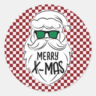 Adesivo Redondo Retro Vermelho Rosa Xadrez Papai Noel Natal