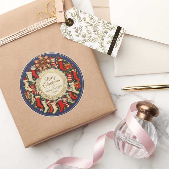 Adesivo Redondo Retro Vintage Christmas Stockings Blue (Presentear)